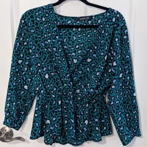 Boohoo Teal Animal Print Peplum Top | US Size 12